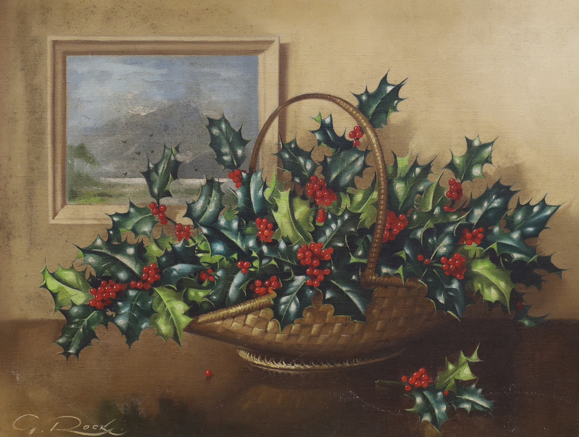 Geoffroy Alan Rock (Canadian), oil on canvas, Still life of holly in a basket, signed, 37 x 50cm